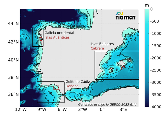 Mapa batimétrico del litoral español destacando las Islas Atlánticas de Galicia, Cabrera en las Illes Balears y Doñana en el Golfo de Cádiz. Fuente: TIAMAT. 