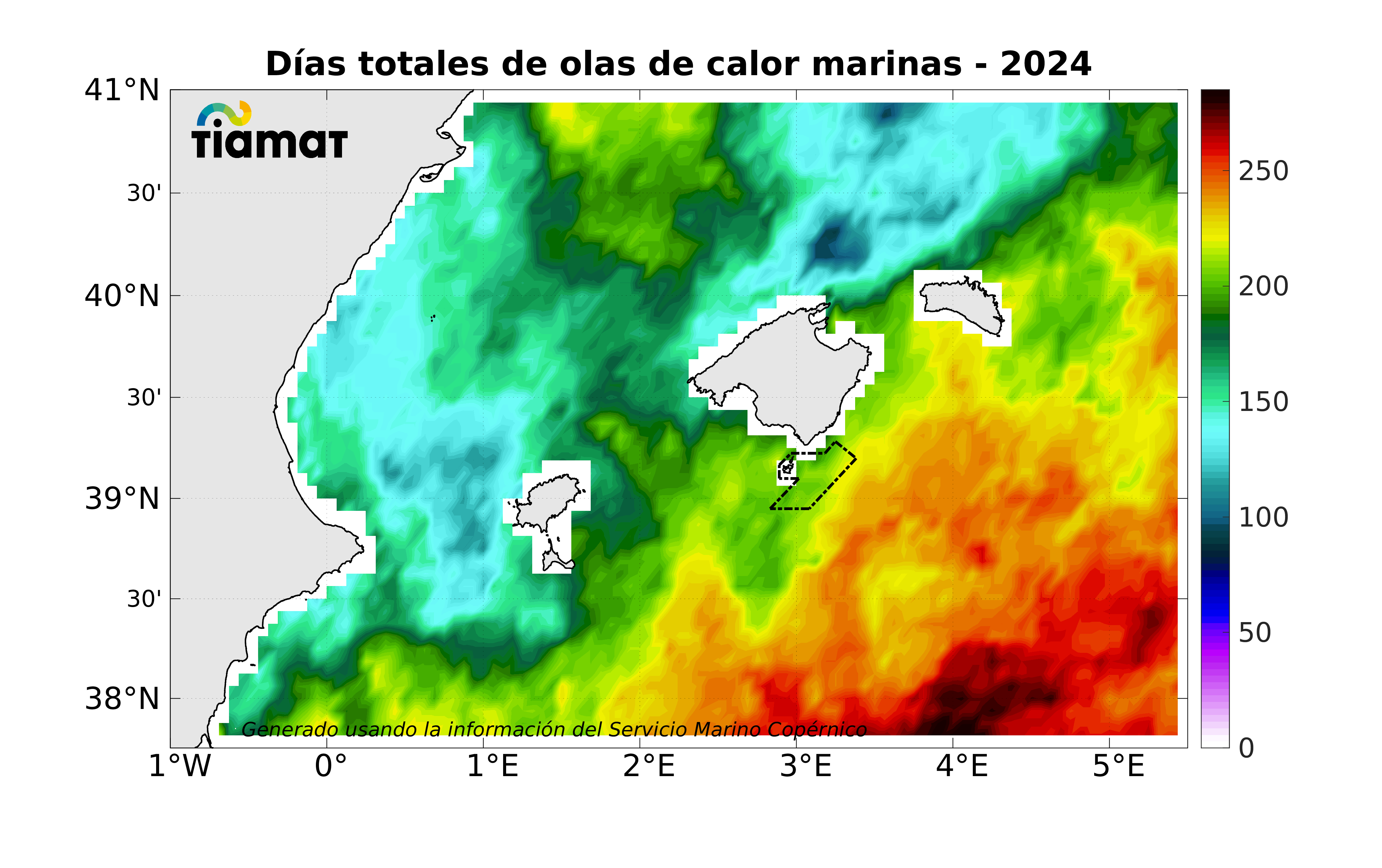 Mapa en 2024 de días totales de olas de calor marinas. Observatorio TIAMAT - Cabrera.